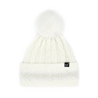Beanie Pom Pearl Rhinestone CC Winter Hat Cream