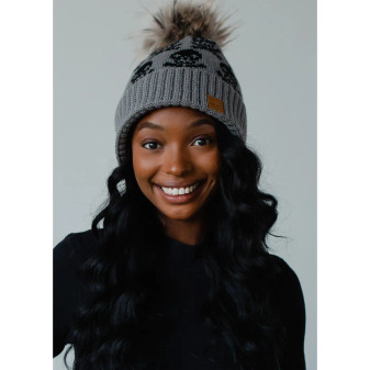 Beanie Pom Fleece Lined Skull Grey by Panache