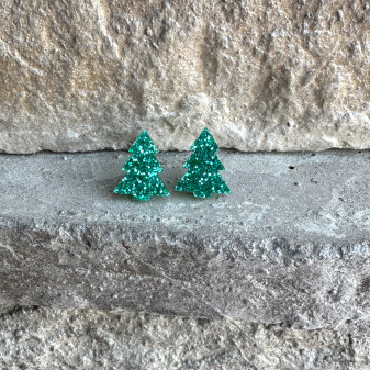 Christmas Tree Glitter Stud Teal Earrings
