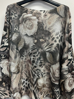 Sweater Lightweight Grey Black Roses One Size