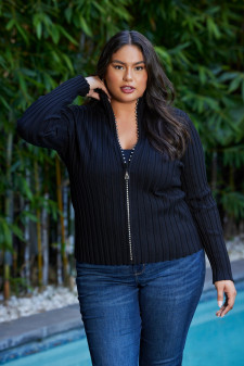 Sweater Top Rhinestone Bling Detailed Zip Up Ribbed Black Sweater Top Rhinestone Bling Detailed Zip Up Ribbed Black