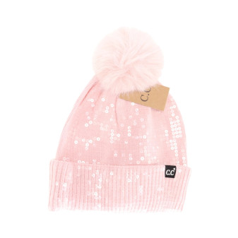 Beanie Pom Fleece Lined Sequins CC Blush Pink Winter Hat