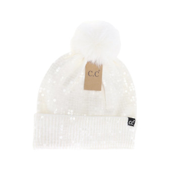 Beanie Pom Fleece Lined Sequins Ivory CC Winter Hat