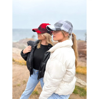Baseball Cap Sherpa Buffalo Plaid Grey Black