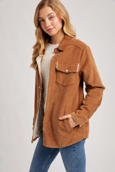 Shacket Corduroy Jacket Snal Closure Fleece Lined Camel