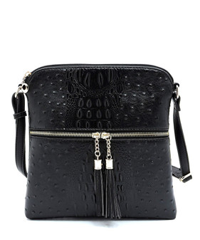 Purse Crossbody Ostrich Crocodile Pattern Adjustable Strap Black