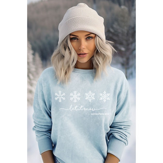 Sweatshirt Mineral Washed Let It Snow Snowflake With Rhinestones Light Blue