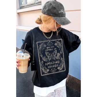 Sweatshirt Mineral Washed You Are Capable Of Amazing Things Butterfly Black