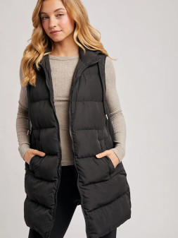 Vest Quilted Puffer Long Hooded Zip Up 2 Pockets