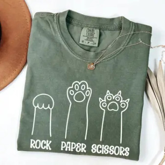 T-Shirt Cat Funny Cat Rock Paper Scissors Comfort Color Green