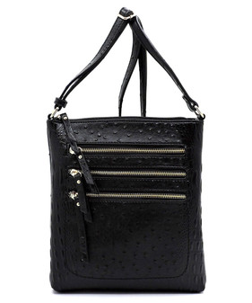 Crossbody Shoulder Purse Multi Zip Compartments Ostrich Black