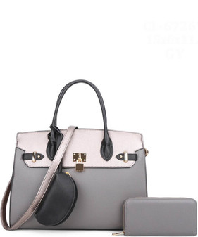 Satchel Purse 3 Piece Shoulder Wallet Coin Purse Grey Lock