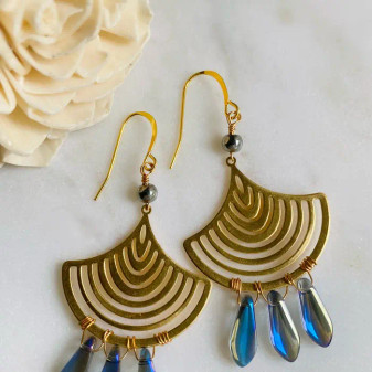 Earrings Mystical Golden Blue Crystal Dangle 1 PAIR LEFT