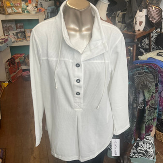 LuLu B Top Tunic 5 Button Tie Neck Textured Cream