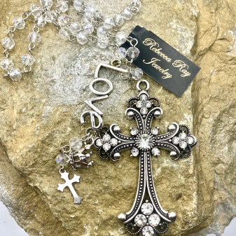 Silver Crystal Cross Charm Necklace 
