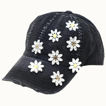 Baseball Trucker Bejeweled Rhinestone Daisies Black Adjustable 