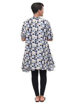 Button Down Abstract Top Picket Tan White Navy