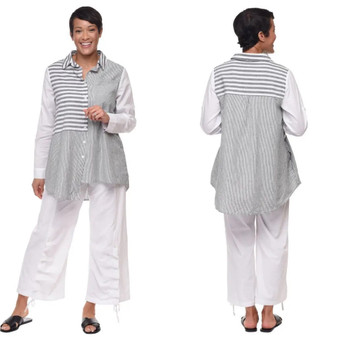 Tulip Button Up Tunic Shirt Strip Black White