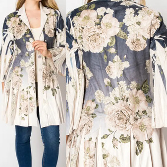 Faux Suede Cardigan Navy Floral Pleated