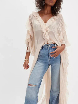 Sheer Cardigan Ruffle Long Taupe Tan Sexy Boho