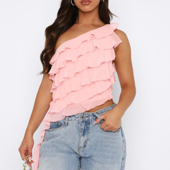 Sexy Off Shoulder Ruffle Side Zip Blush Pink Top