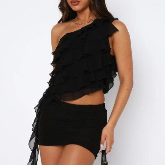 Sexy Off Shoulder Ruffle Side Zip Black Romantic