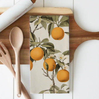 Porter Lane Vintage Oranges Hand Dish Towel Natural 100% Stonewashed Cotton