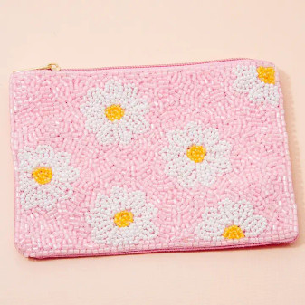 Daisies Pink Beaded Coin Purse Fully Lined Zipper Closure