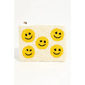 Smiley Faces Beaded Coin Purse Lined Zipper Closure 