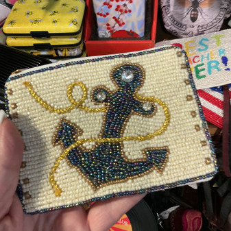 Anchor Nautical Beaded Coin Purse Lined Zipper Closure