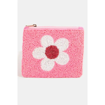 White Flower Pink Beaded Coin Purse Lined Zipper Closure 