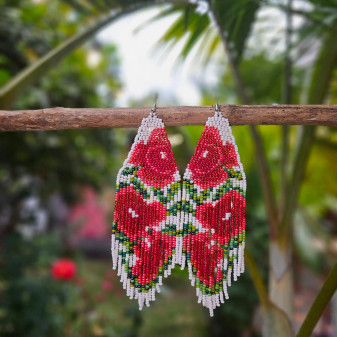 Beaded White Red Rose Earrings 
