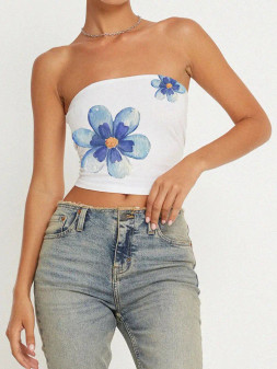 Tube Top Strapless Cropped White Blue Floral