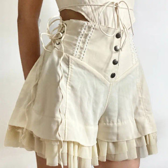 Lace Up Casual Shorts Cream Beige
