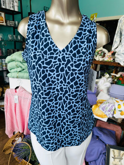LuLu B V Neck Sleeveless Top Coolant Like Fabric Blue Leopard