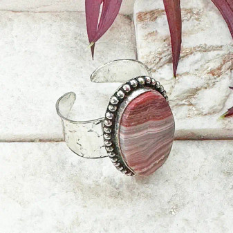 Lacy Agate Stone Adjustable Ring Silver Plated