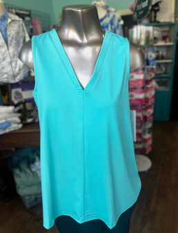 LuLu B Sleeveless Top V Neck Coolant Fabric Flared Aqua