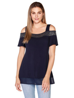 Belldini Cold Shoulder Studded Layered Navy Top