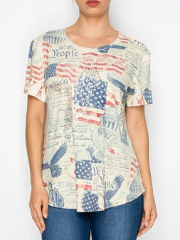 Origami 250th Anniversary American Flag July 4th Short Sleeved Top Sequins