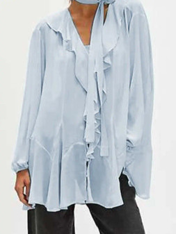 Sheer Ruffle Neck Blue Top