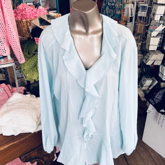 Sheer Ruffle Neck Blue Top