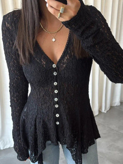 Lace Top V Neck Button Up Black