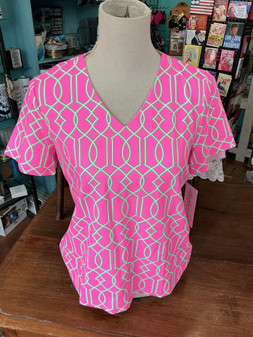LuLu B Short Sleeved V-Neck Top UPF 50 Coolant Type Fabric Hot Pink Lime Geometric gtpk 