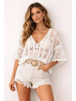 Loowie Crocheted Top V Neck White Size Small/Medium