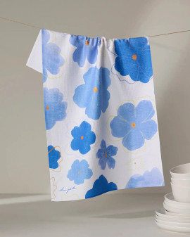 Geometry Kitchen Hand Towel Microfibre Ocean Blue Blossoms Flowers