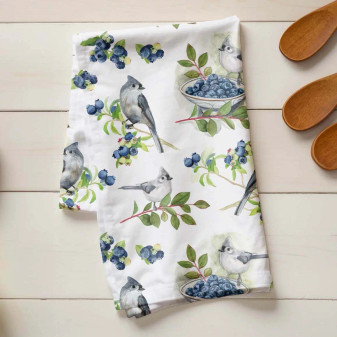 Linen Hand Dish Towel Tufted Titmouse Bird 