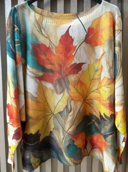 Loowie Round Neck Light Weight Knit One Size Top Fall Leaves Teal Gold