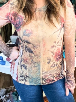 Mesh Sparkly Rhinestone Vintage Red Bird Rose Top