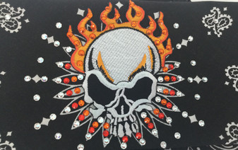 Bandana, Skull with orange flames on a black bandana, Swarovski crystals, Go Brazen has a wide variety of  rhinestone bandanas.  Shop on line at Go Brazen or swing on by the store in Red Wing, Minnesota Bandana, Skull with orange flames on a black bandana, Swarovski crystals, Go Brazen has a wide variety of  rhinestone bandanas.  Shop on line at Go Brazen or swing on by the store in Red Wing, Minnesota