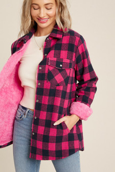 Shacket,  Jacket Buffalo Plaid Sherpa Lined Pink Pockets Shacket,  Jacket Buffalo Plaid Sherpa Lined Pink Pockets